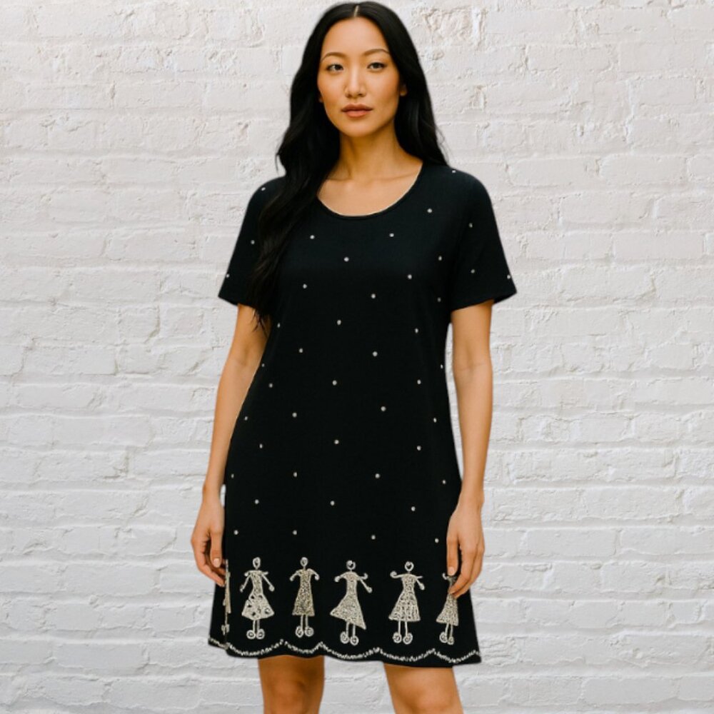 NOTATIONS CLOTHING CO. -- Black Shift with Dots, Prints of Dresses Along Hem